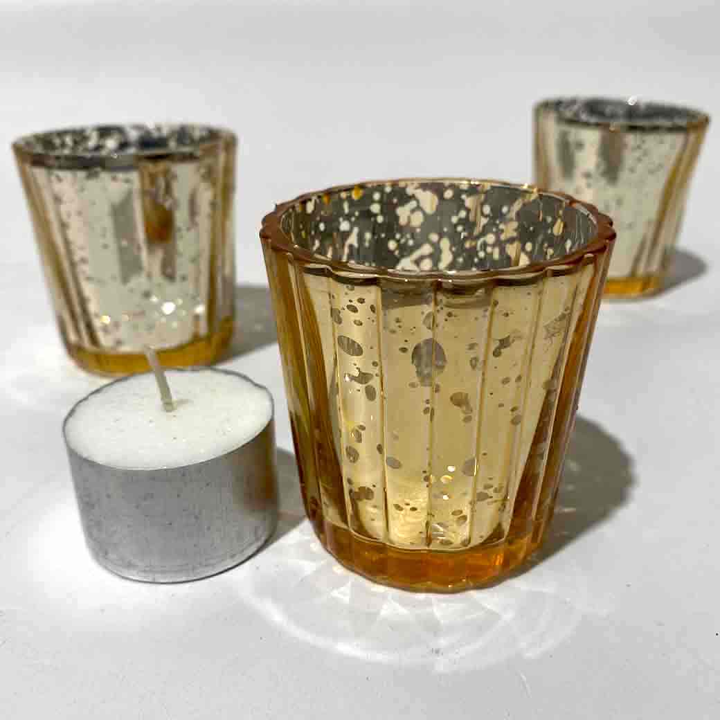 GLASS, GOLD speckled Tealight Holders 6cm ( FAUX CANDLES ONLY ) 